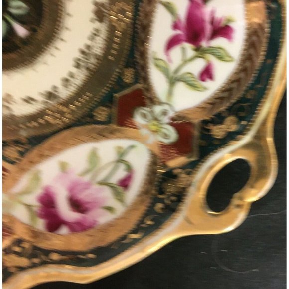 9½" Royal Kinran Nippon Platter with Handles with Pink and Magenta Flowers - Picture 3 of 7